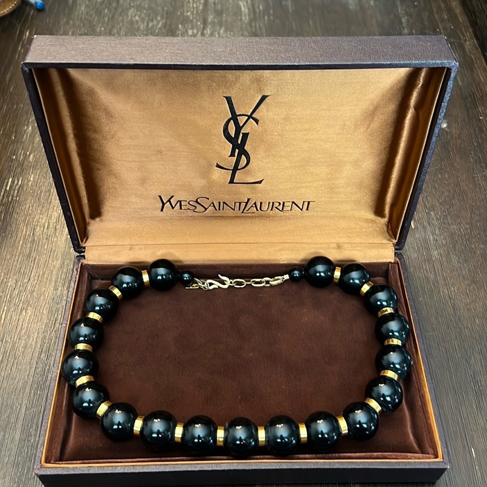 Authentic Vintage Yves Saint Laurent Black Beaded Choker Necklace with box & COA